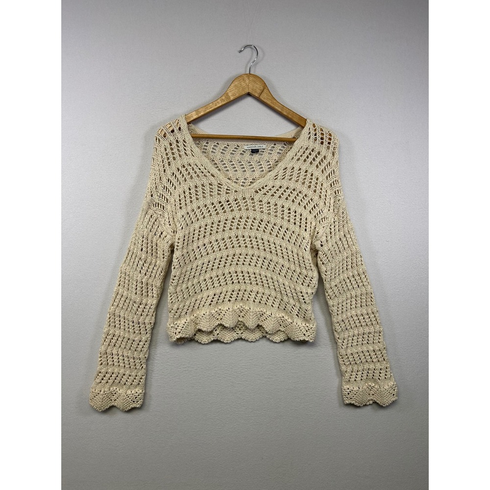 Boho‎ Crochet American Eagle Womens XS Cream Open Knit Scalloped V-Neck Sweater